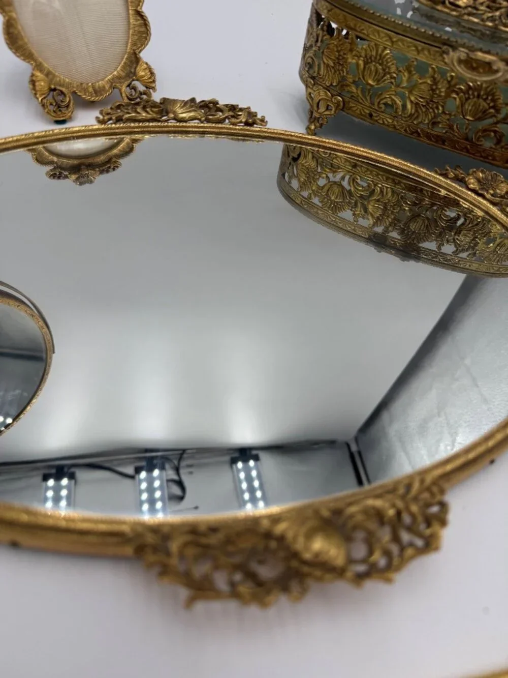 Vintage Gold Vanity Set With Hand Mirror Comb Brush Tray Jewelry Box & Small Fra